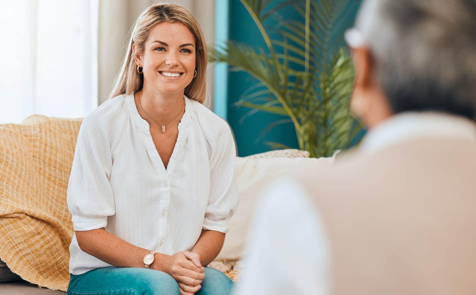 Client smiling during therapy at our outpatient rehab in Massachusetts.