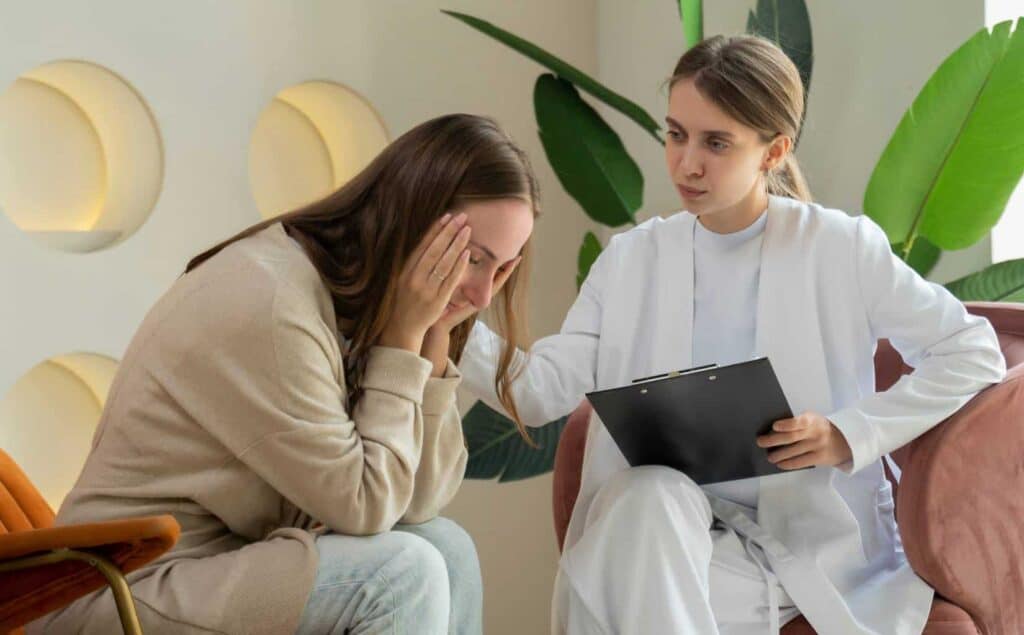 A therapist working one-on-one with a client during benzo addiction treatment in Massachusetts.