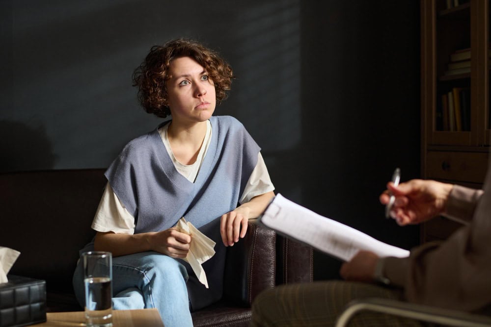 Young woman speaking with a psychologist during women's rehab in Massachusetts at Brook Recovery Centers.