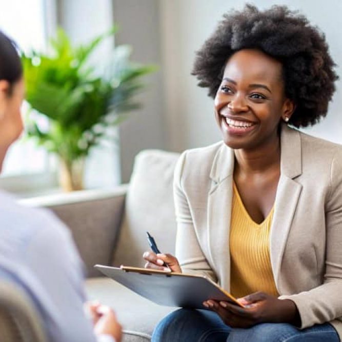 Happy Black woman speaking with a psychologist during addiction treatment in Massachusetts.