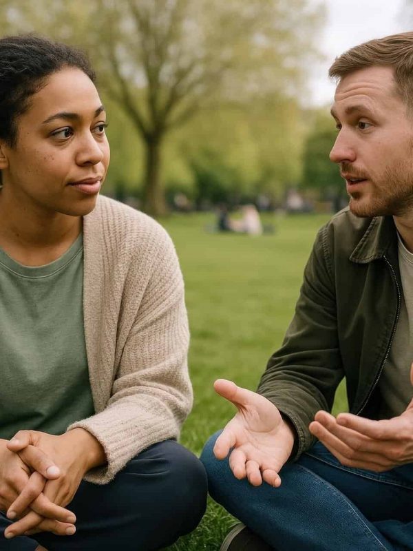 Two people conversing outdoors about co-ocurring disorders
